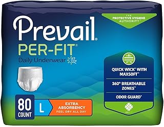 Prevail Per-Fit Daily Protective Underwear, Unisex Adult Disposable Diaper for Men& Women, Extra Absorbency, Large, 44""-58"" Waist, 80 Count Case, White
