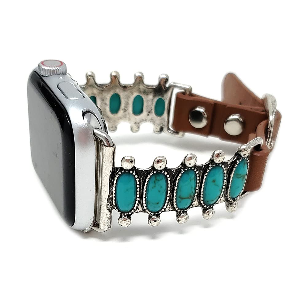 Emulily Compatible with Apple Watch Brown Leather Band 38/40 mm Western Turquoise Boho