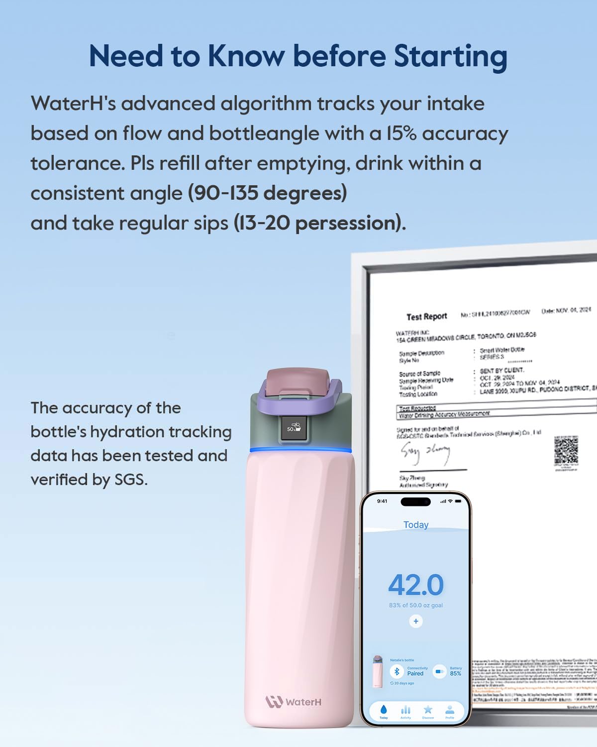 WATERH Boost Smart-Wasserflasche mit Erinnerung, Wasser zu trinken, 710 ml, BPA-freie Edelstahl-Vakuum-isolierte Wasserflasche