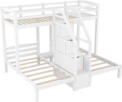 Miniatura 66 de Litera triple de madera maciza con cajones de almacenamiento y escalera, base de litera resistente con barandillas de protección para niños y