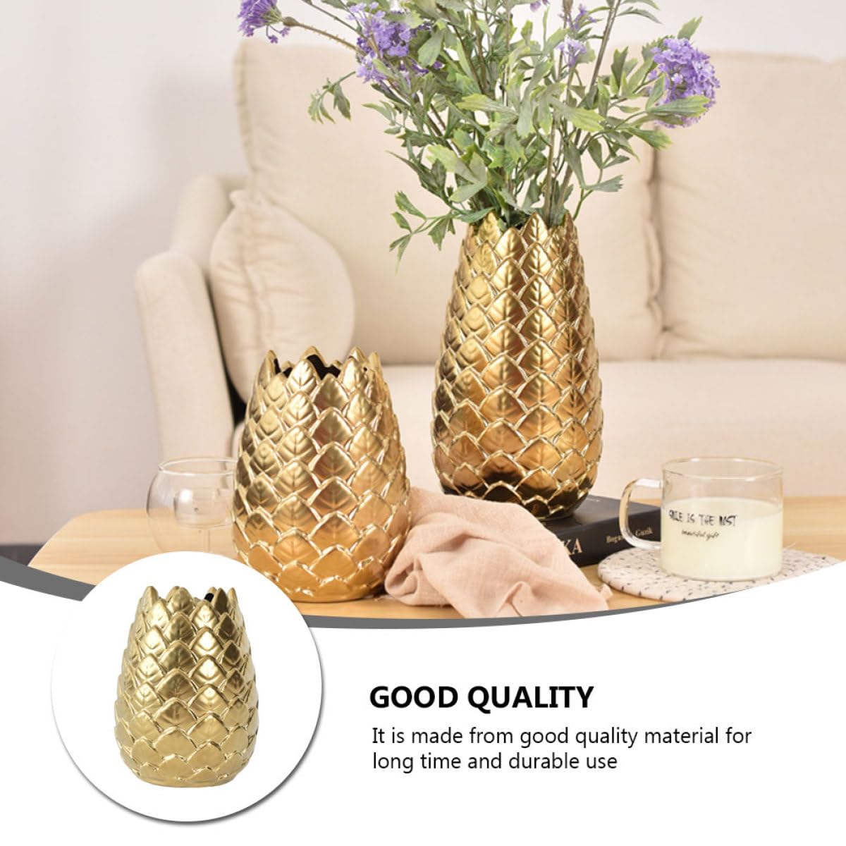Jarrón Decorativo Diseño Sencillo y Artístico Estilo Nórdico de Cerámica Dorado y Contenedor de Flores Redondo para de Escritorio