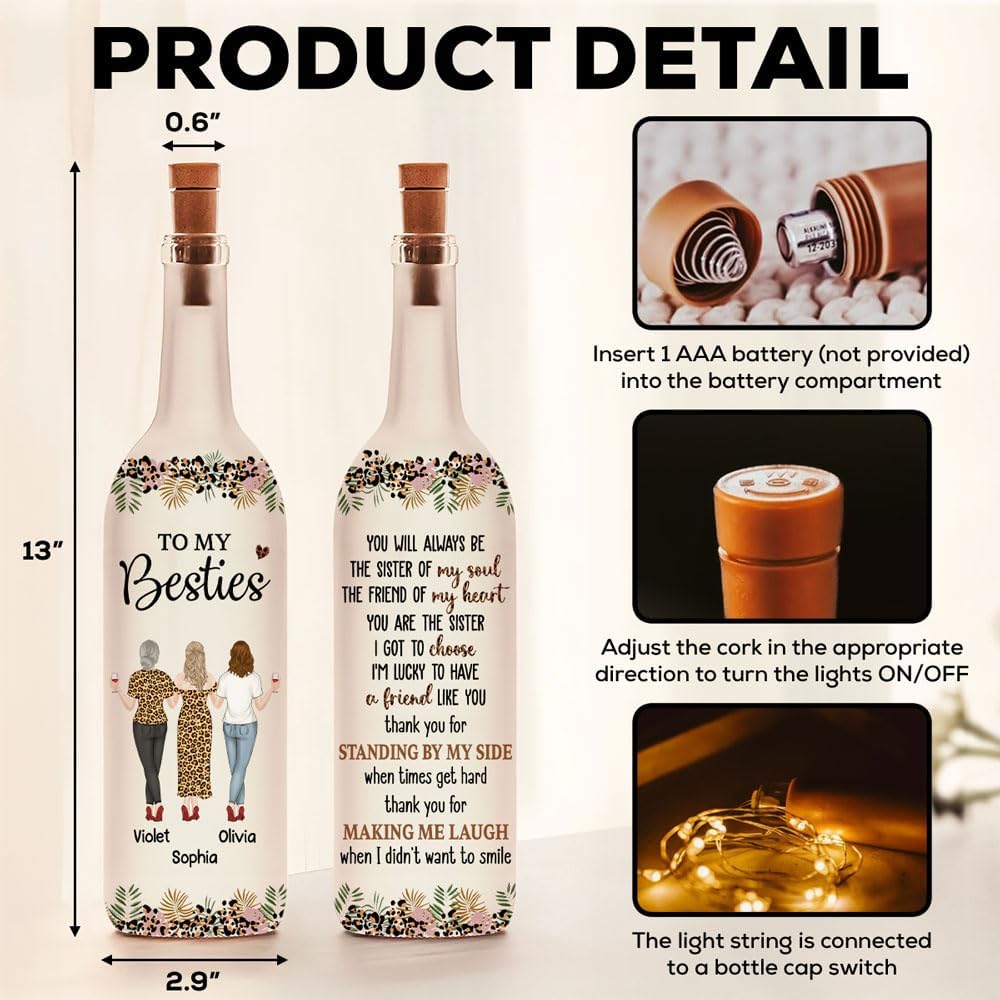 Wrappiness Personalized Bottle Lamp to My Besties - You are My Soul Sister LED Lighting Gift for BFF, Soul Sister, Best Friend, Perfect for Birthday, Christmas, or Friendship Anniversary