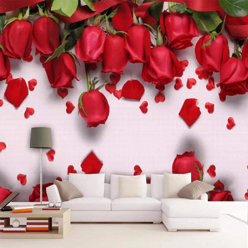 Papier peint photo roses rouges 3D panoramique pour salon et mariage - 300x210 cm