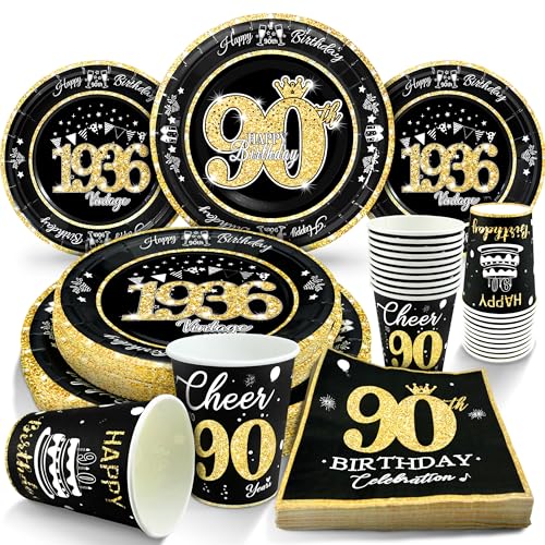 Image of 90th Birthday Decorations Black and Gold, Service for 30, Vintage 90th Birthday Party Supplies Includes Black Vintage 1936 Plates, Napkins, Cups Plates and Napkins for Men Women
