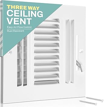 Home Intuition Ceiling Register - Air Vent Covers for Home Ceiling or Wall - 8X4 Inch (Duct Opening) 3-Way White Grille Register Cover with Adjustable Damper for HVAC Heat and Cold Air Conditioner