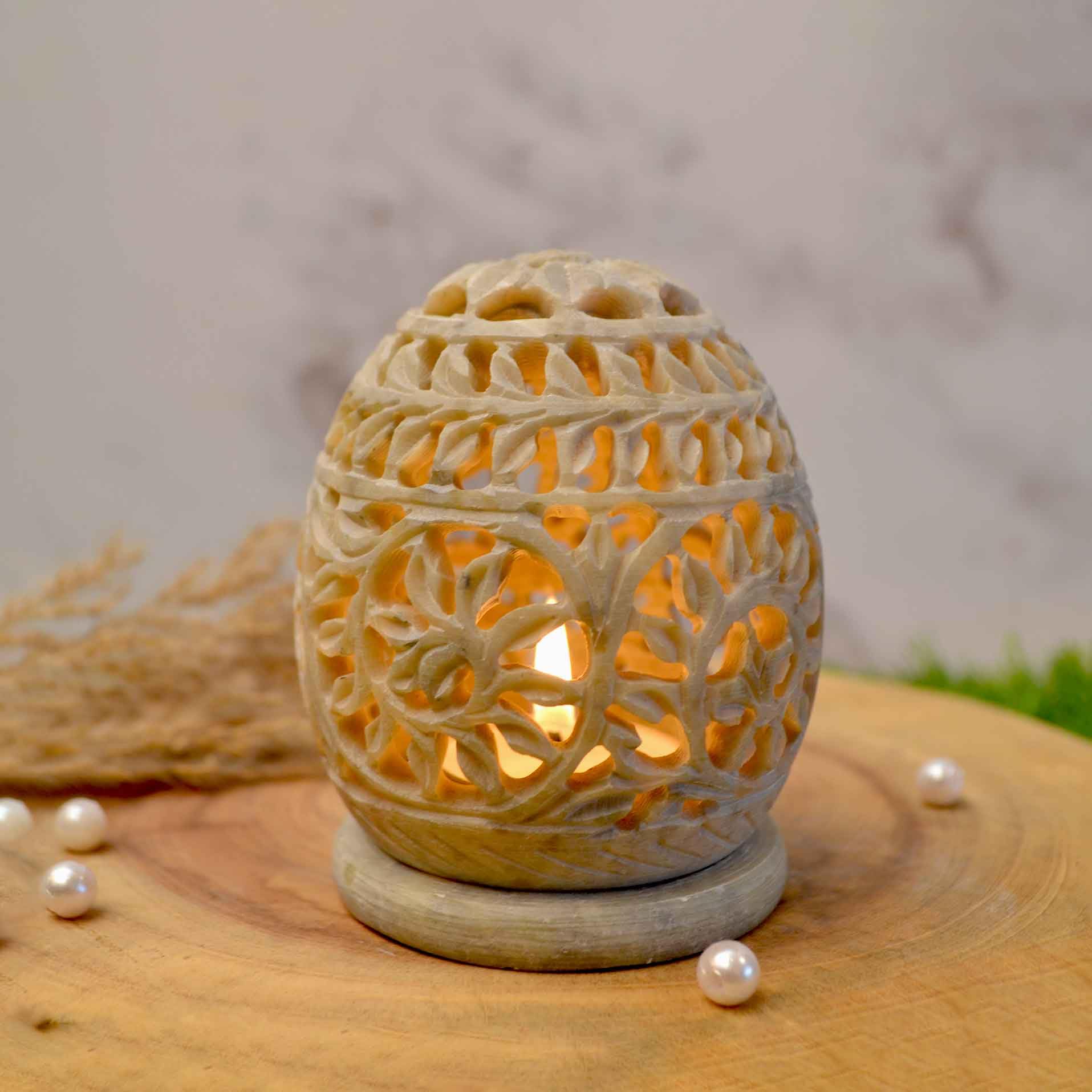 Katkaria Creations Marble Soapstone Tea Light Holder | Floral Candle Holder for Home Decor and Candle Light Dinner | Handcrafted by Indian Artisans | Festive Gifting | 2 Tea Lights Included-image-9
