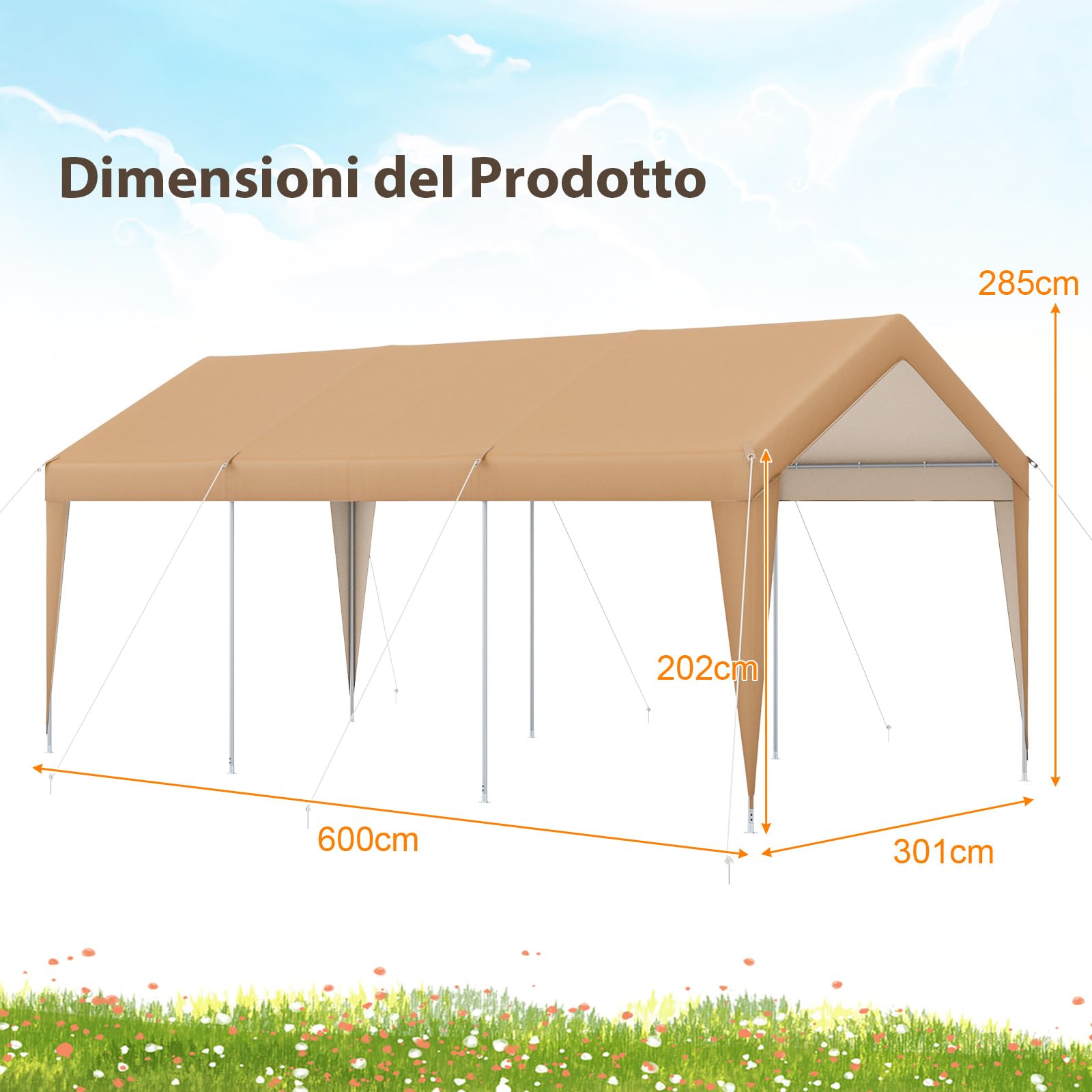 COSTWAY Gazebo Tenda per Posto Auto da Esterno, Tendone Garage per Auto, Carport Tenda Impermeabile in Metallo, 301 x 600 x 285 cm