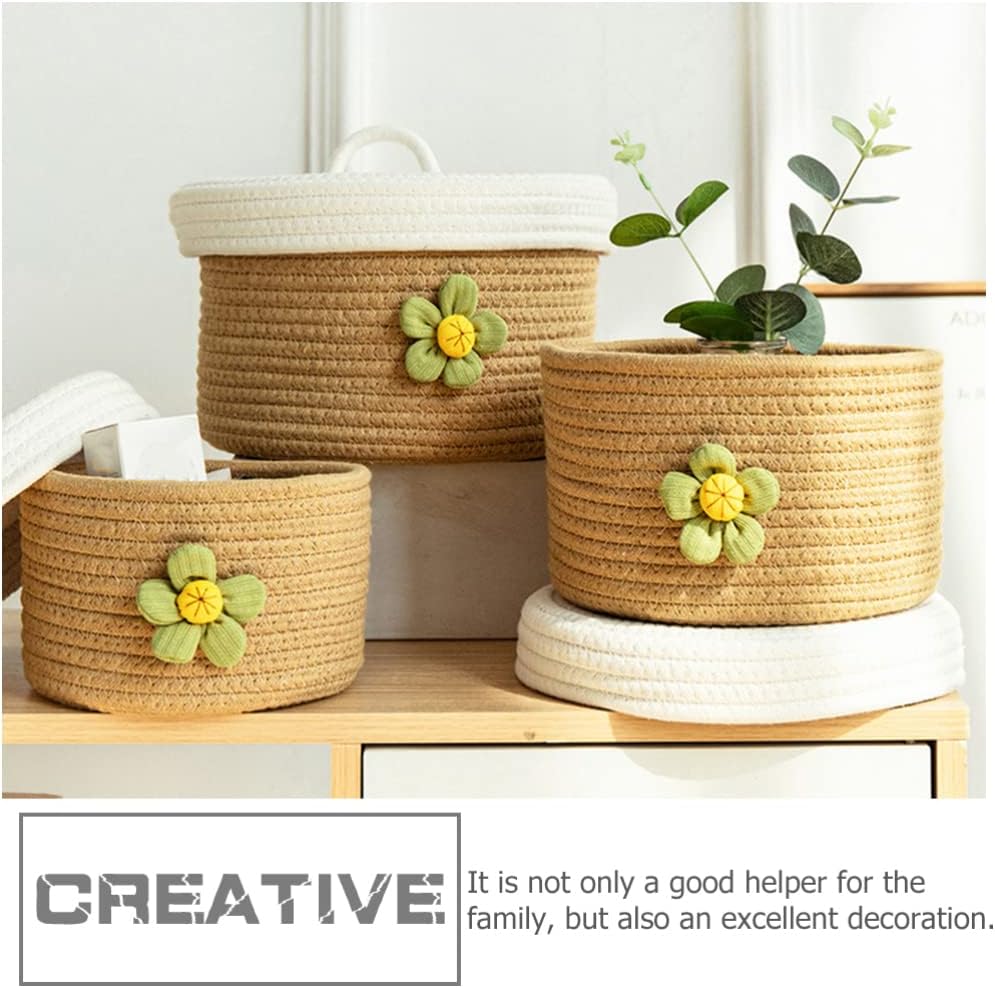 Zerodeko Lidded Cotton Rope Storage Basket Small Woven Organizer for Toys Clothes and Home Decor Stylish Round Basket Lid for Dining Room and Living Room Use