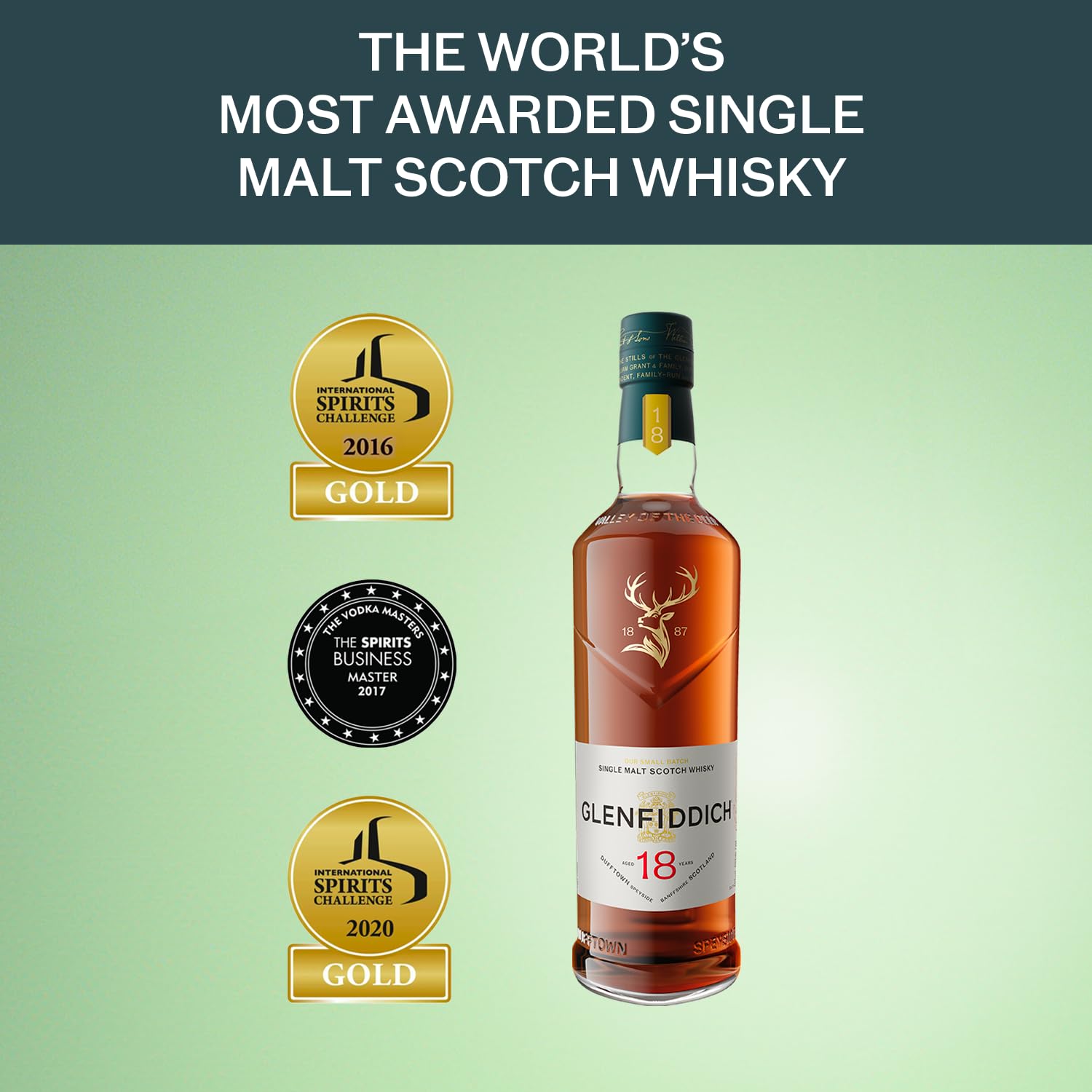 Glenfiddich 18 Jahre Single Malt Scotch Whisky mit Geschenkverpackung, 70cl - in Ex-Bourbon- & Oloroso Sherry-Fässern gereift für hochwertigen Genuss - Das Flaschendesign kann variieren