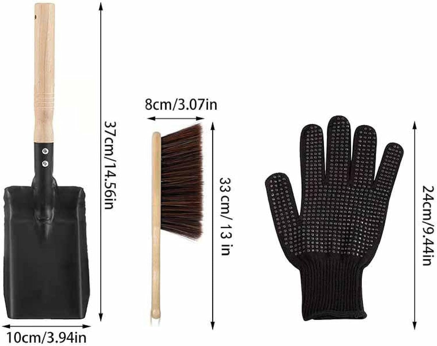 Fireplace Ash Shovel Brush Set, Coal Hearth Clean Tools, Hearth Tidy Set for Home with Black Silicone Gloves
