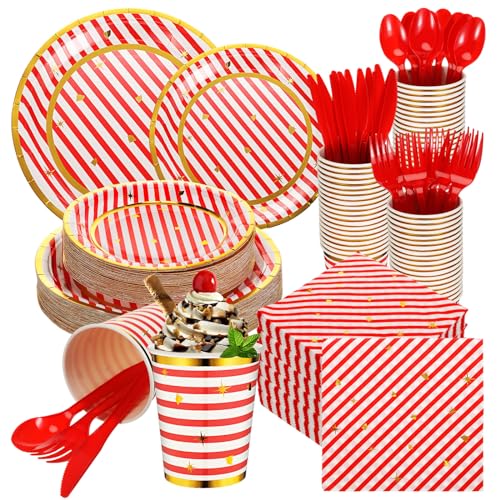 Maxcheck 350 Pcs Christmas Candy Cane Striped Party Plates Cups Napkins and Silverware Set for 50 Guests Disposable Paper Tableware Set Christmas Party Supplies and Table Decorations