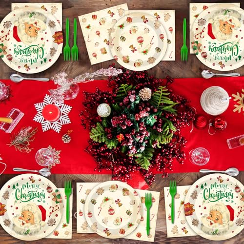 Image of Qyeahkj 100 Pcs Christmas Xmas Party Paper Plates and Napkins, Vintage Holiday Party Supplies Birthday Party Tableware Set Table Decorations Favors with Forks for Girls Boys Kids Serve 25