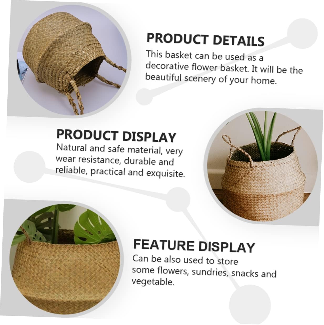 Xmas Hand-woven Rattan Flower Basket, Foldable Home Storage image 5