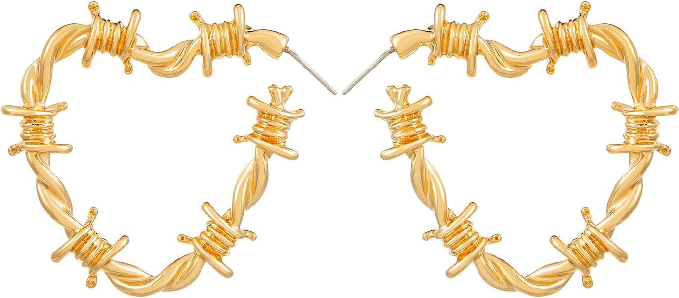 Gothic Barbed Wire Love Heart Drop Dangle Earrings Chunky Big Flower Hoop Metal Thorns for Women Girls Goth Punk Large Hip Hop Party Jewelry
