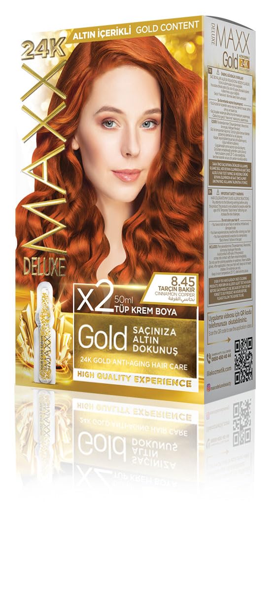 MAXX DELUXE Gold serisi 24K Altın Parçacıklı Serum ile 1 Kutu 2 x 50 ml ve Geliştiriciler Saç Boyası (TARÇIN BAKIR 8.45)