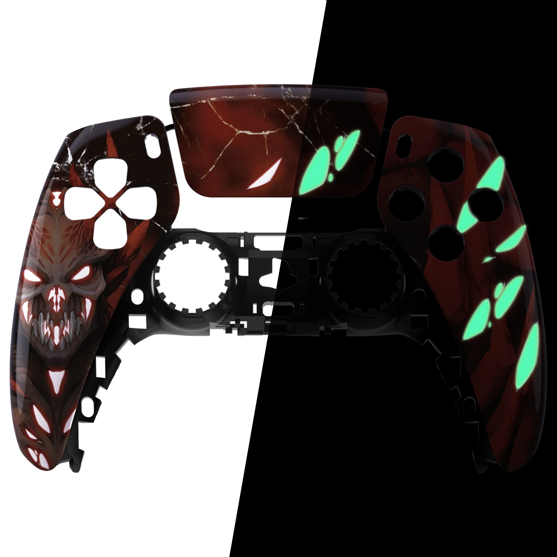 eXtremeRate Leuchtet im Dunkeln: Scarlet Demon Touchpad, Frontgehäuse, kompatibel mit PS5-Controller BDM-010, BDM-020, BDM-030, 040, DIY-Ersatzgehäuse und Touch-Pad-Abdeckung, kompatibel mit