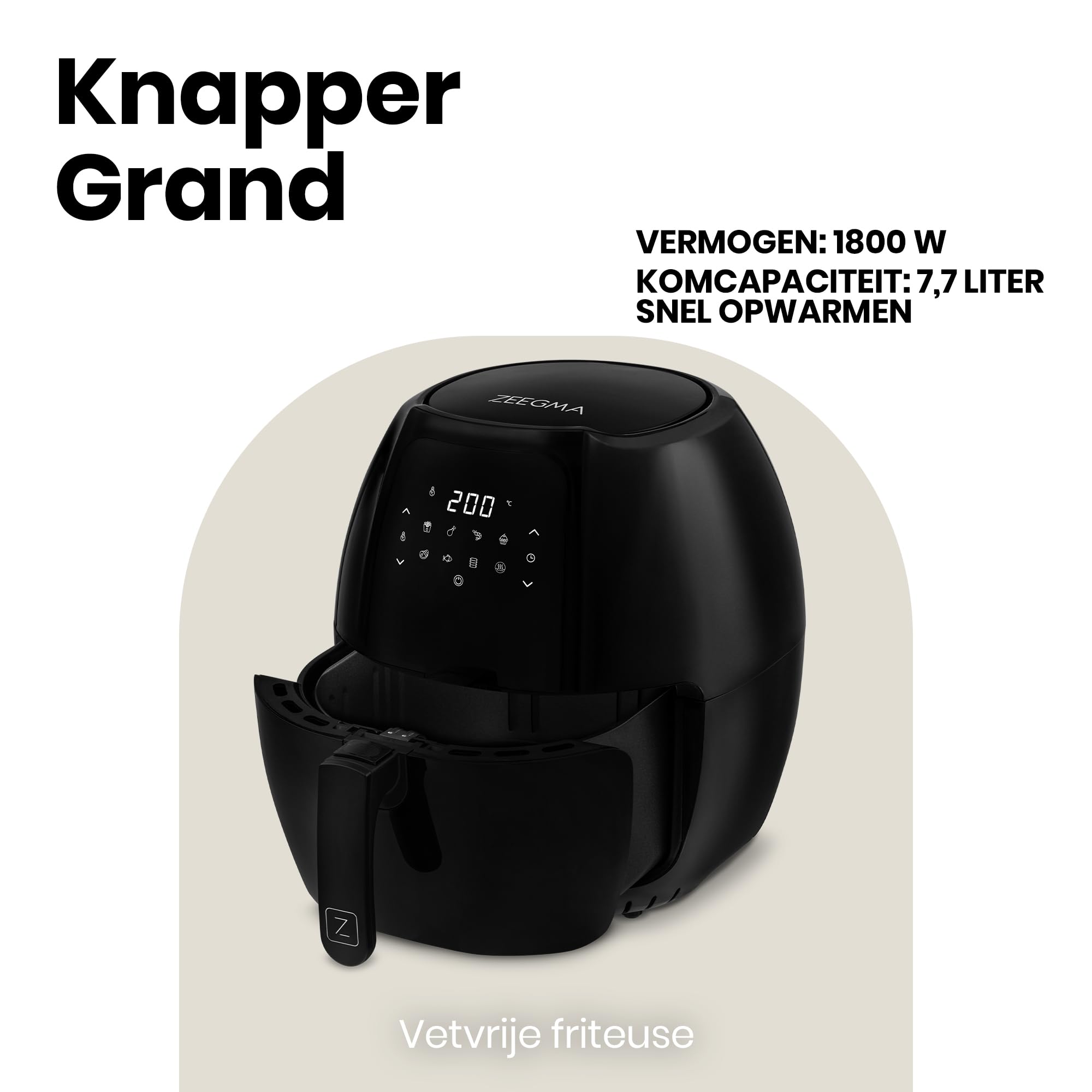 Zeegma Knapper Grand Airfryer – 1800W, 7,7L Capaciteit, 9 Programma's, Snel Verwarmen, Vetvrij Koken, Vaatwasmachinebestendig (zwart