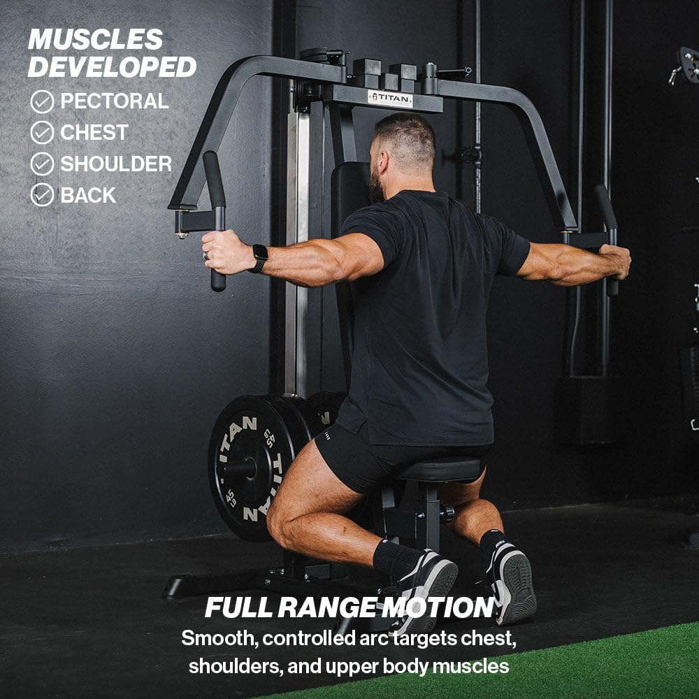 A person performing a reverse delt fly exercise on the Titan Fitness Plate-Loaded PEC Fly and Reverse Delt Machine, illustrating the full range of motion and muscles developed (Pectoral, Chest, Shoulder, Back).