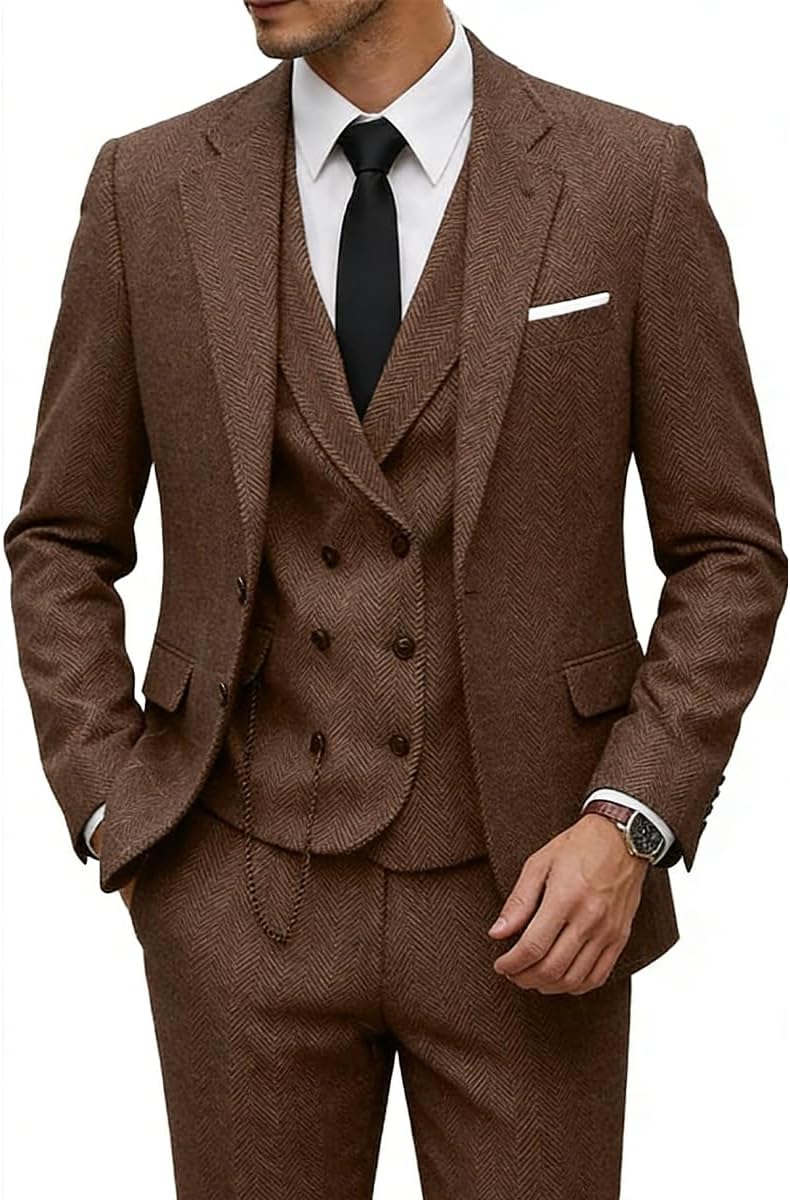 Tweed Herringbone Suit for Men Wool Suits Retro Mens 3 Piece Slim Fit Blazer Jacket...