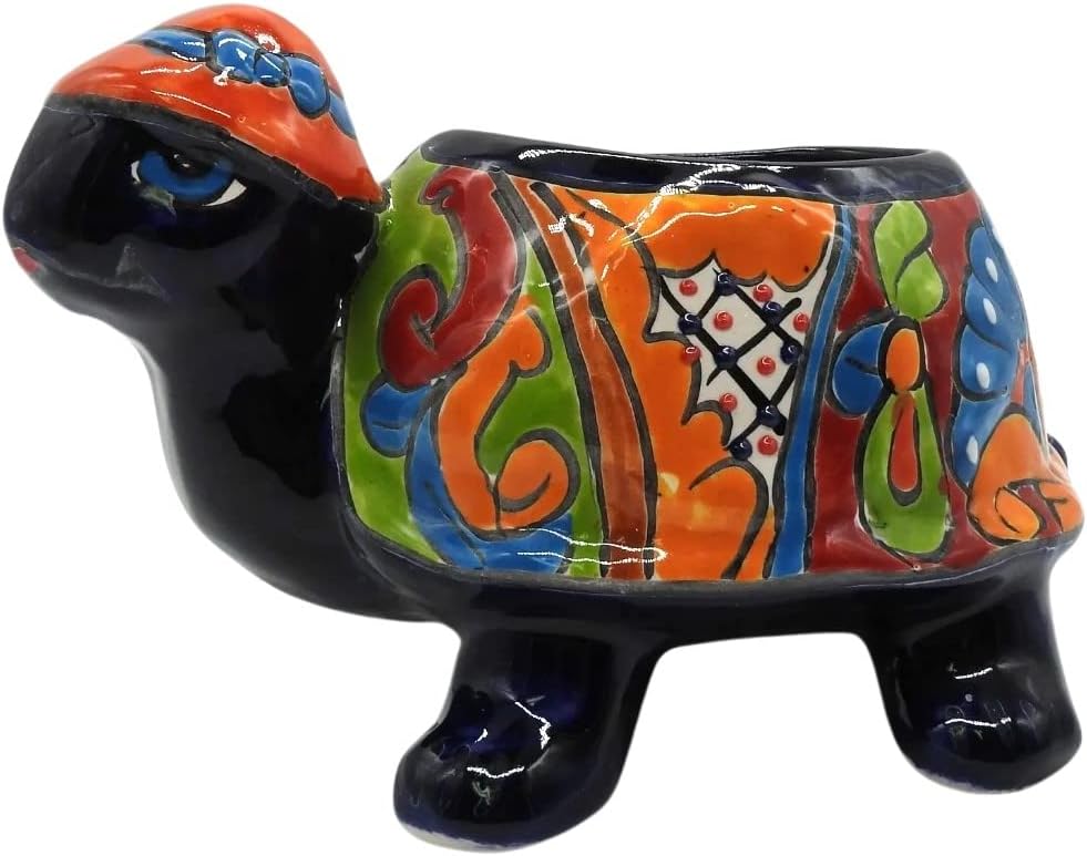 Turtle with Hat Planter Hand Painted Pot Indoor Outdoor Multi Colored Figure Glazed