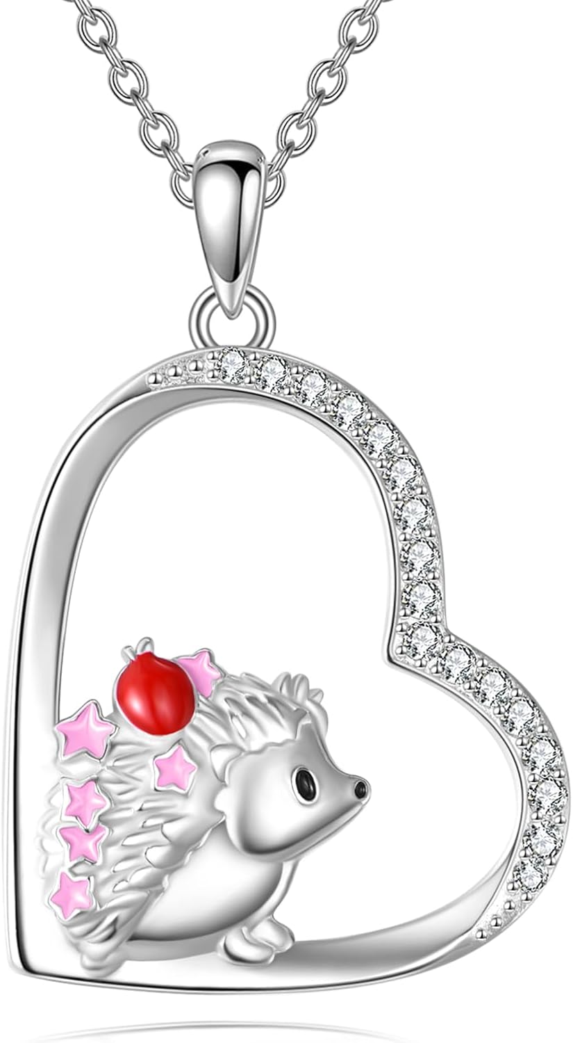 Hedgehog Necklace Sterling Silver Hedgehog Heart Pendant Cute Animal Jewelry Gifts for Women Men