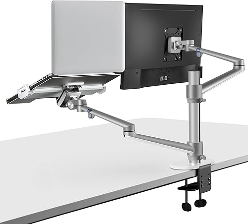 Viozon Soporte para monitor y laptop, 2 en 1 ajustable de doble brazo, soporte de brazo único para pantallas LCD de 17 a 32 pulgadas, bandeja