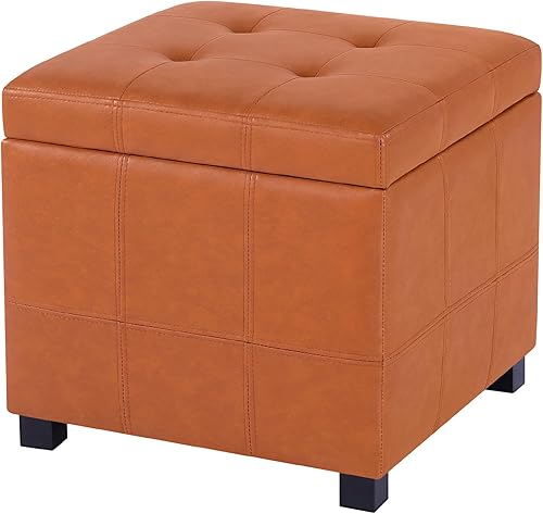 Miniatura 12 de Homebeez Taburete otomano de almacenamiento de piel sintética copetudo, cuadrado con tapa abatible (marrón) Marrón,Grano de cuero envejecido