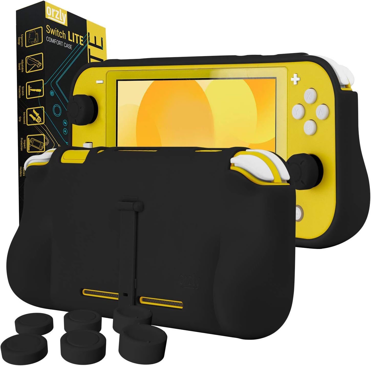 Orzly Grip Case for Nintendo Switch Lite – Case with Comfort Padded Hand Grips, Kickstand, Pack of Thumb Grips - Black