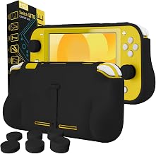 Orzly Grip Case for Nintendo Switch Lite – Case with Comfort Padded Hand Grips, Kickstand, Pack of Thumb Grips - Black