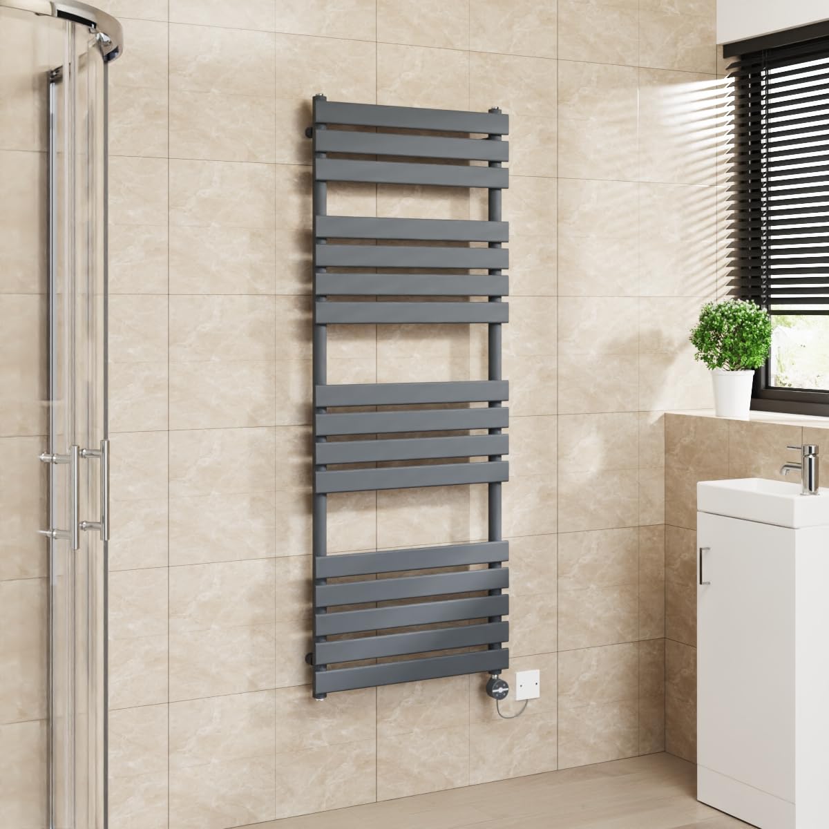 Warmehaus Sand Grey Flat Panel Electric Heated Towel Rail Touch Screen Timer Bathroom Radiator Prefilled 1600X600mm 800W