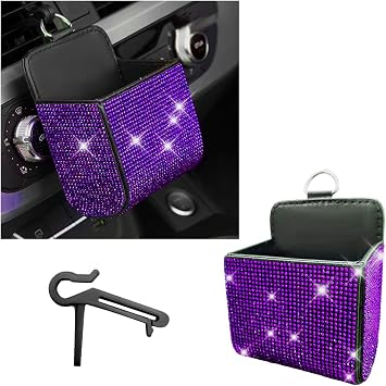 Dickno Car Vent Storage Organizer, Rhinestones Leather Air Vent Pocket, Bling Automotive Vent Pouch Box with Hook, Multipurpose Dashboard Air Vent Cell Phone Holder for Girl Women Purple