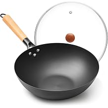 High-Purity Iron Carbon Steel Wok with Lid, 11.8 Inch Flat Bottom Wok Pan, Uncoated Stir Fry Pan with Wood Handle, Compatible with Gas, Electric, Induction and Ceramic Stoves