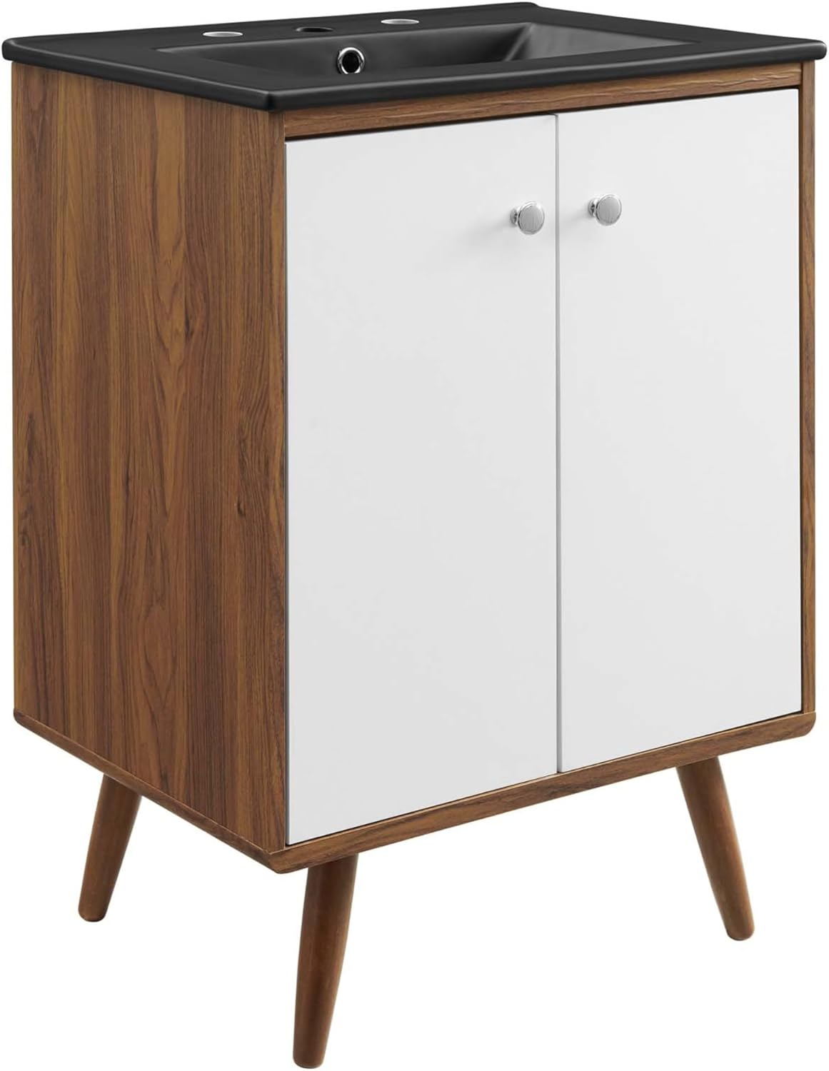 Ergode Transmit 24" Bathroom Vanity-Mid-Century Modern Design, Walnut Grain Veneer, Ceramic Sink Basin, Soft-Close Doors, Chrome Hardware