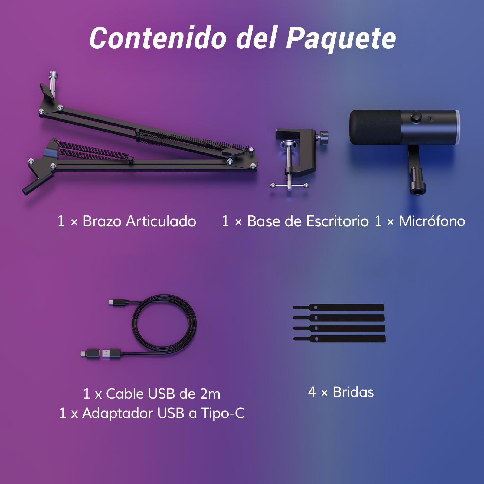 TONOR Microfono de Gaming Dinámico para PC, Micrófono Cardioide Streaming XLR/USB con Brazo para Podcast/Estudio, Cancelación de Ruido IA,RGB Controlable,Conector Auriculares 3,5 mm,Negro,TD510 AIR H+