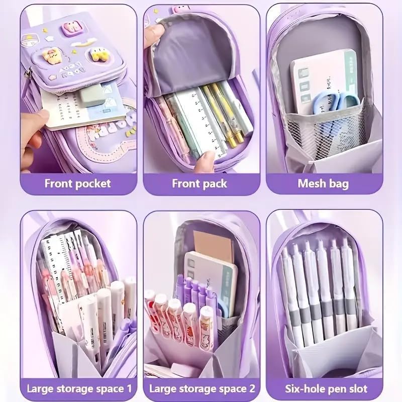 Image of Three Layer School Bag-Shaped Pencil Pouch, Large-Capacity Pencil Pouch with Zipper, Multipurpose Pen & Pencil Case for School Supplies for Boys & Girls (Pack of 1) (Pink Bunny)
