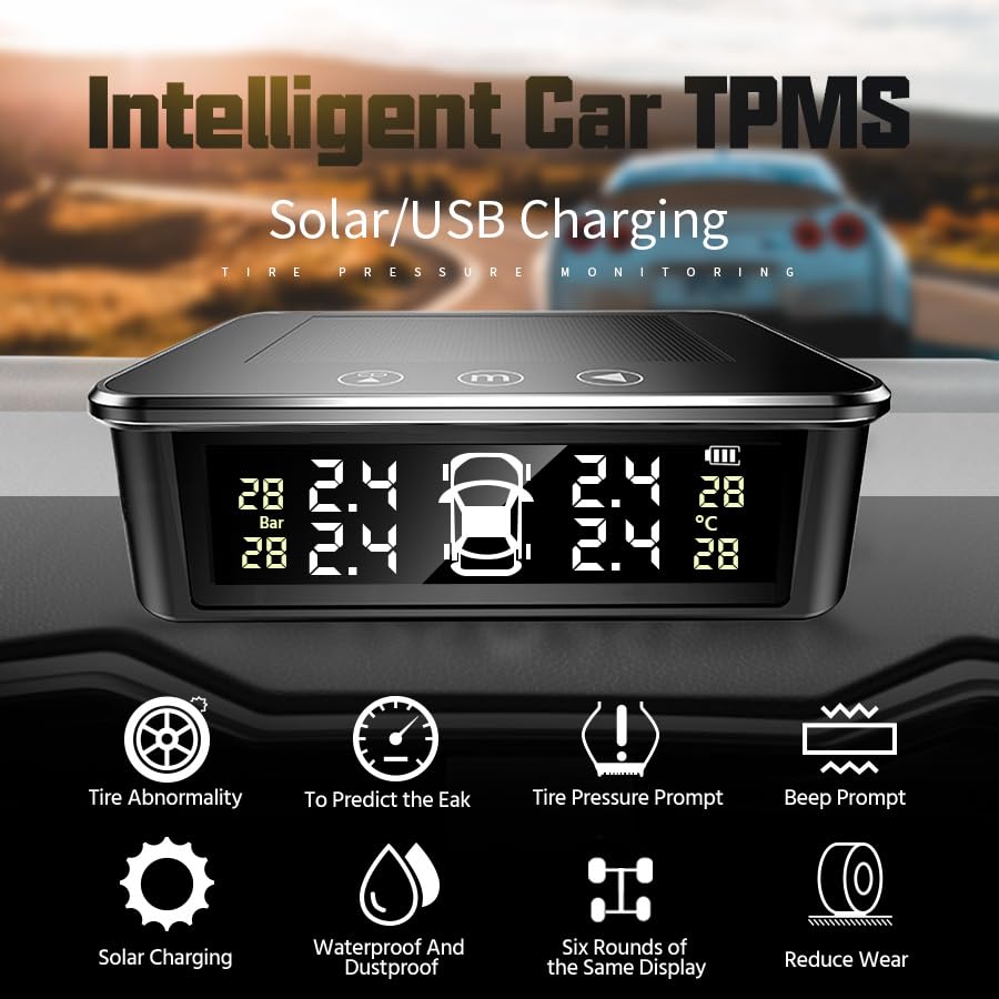 Tpms Monitor Inteligente de presión neumáticos Coche, Botones Pantalla táctil, USB, Alarma Seguridad automática, Sensor
