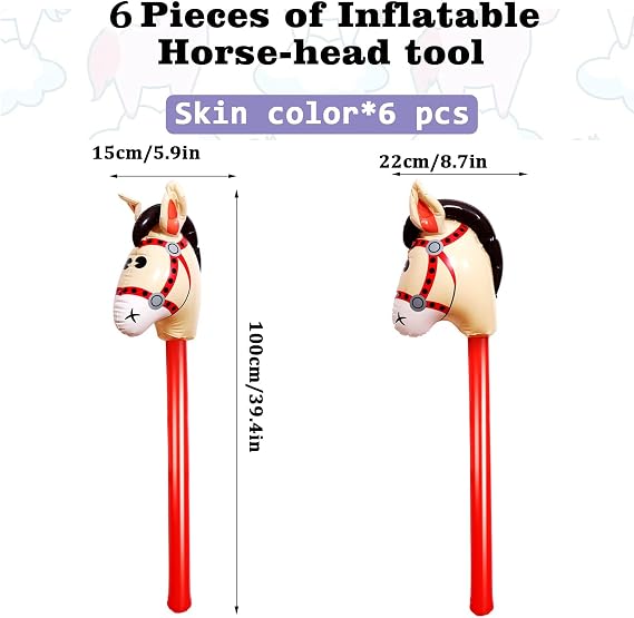 6 Pcs 40 Inch Brown Inflatable Stick Horse Colorful Horse Head Stick Balloon Horse Birthday Party Supplies Pony Stick for Christmas Horse Themed Party Decorations Costume Stick