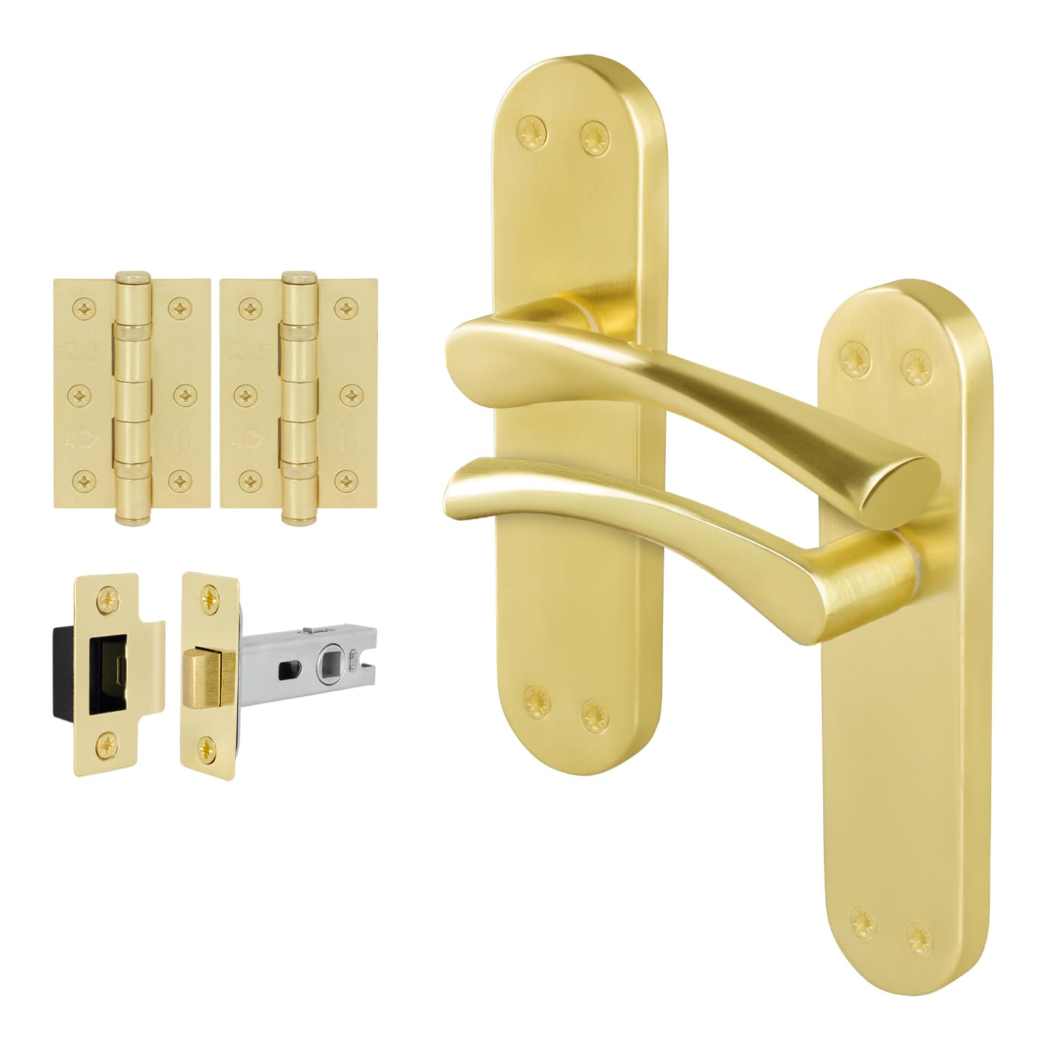 EAI Brass Door Handle Latch Set, 1 Pair Satin Brass Internal T-Bar Handles, Hinges (76mm) Latches (64mm) - Novoli