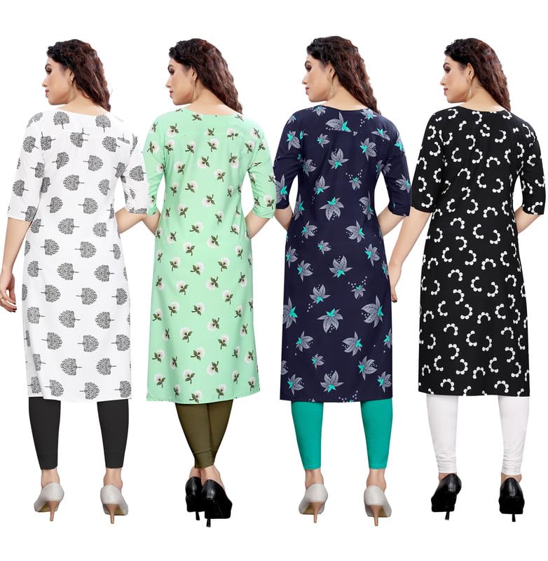 Image of JAKHANA Women's Crepe Printed Casual Straight Calf Length Round Nick Kurta Pack of 4