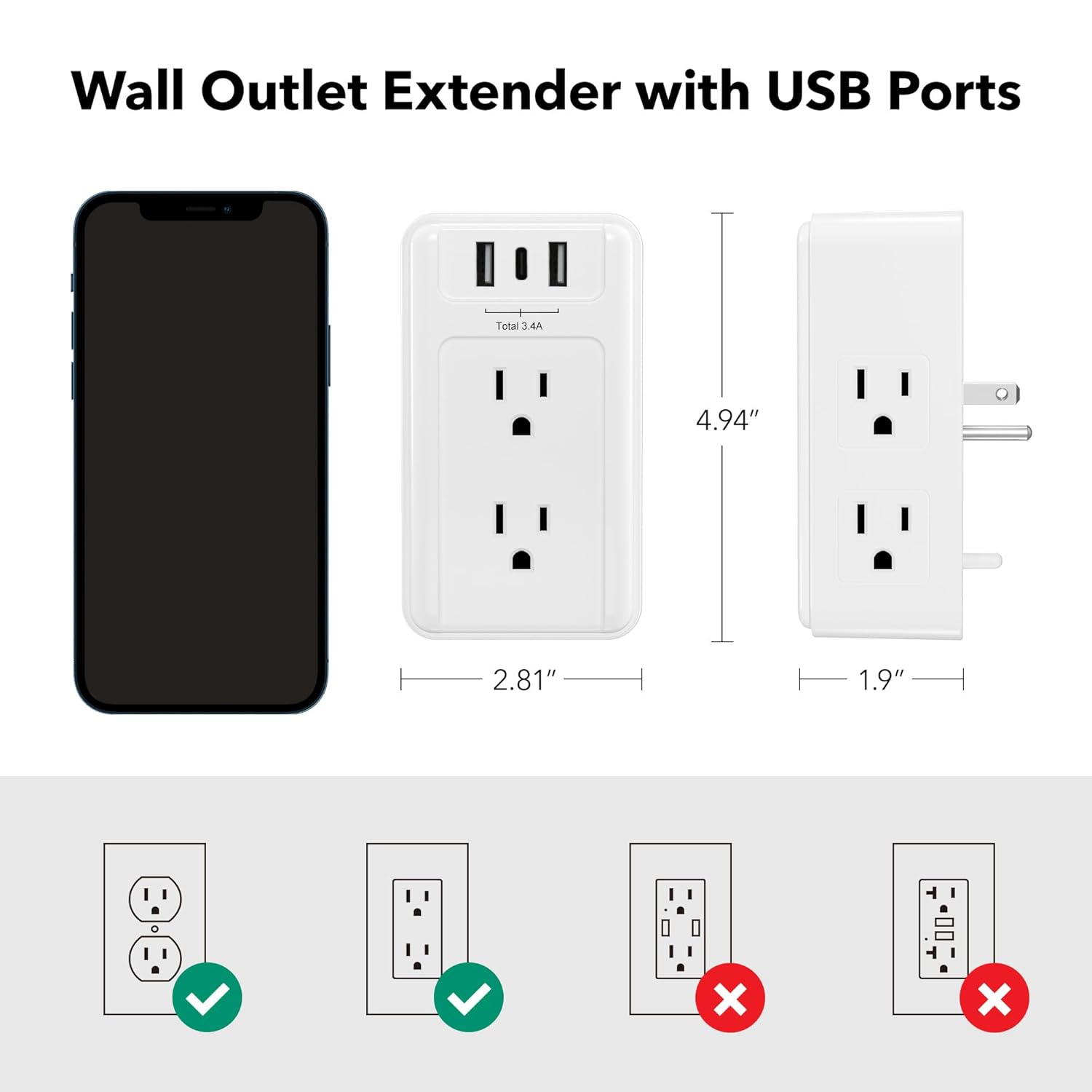 BN-LINK Multi Plug Outlet, 6 Wall Outlet Extender with 3 USB Charging Ports (1 USB C) Total 3.4A, 3-Sided Outlets Splitter Multiple Outlet Wall Plug for Home Office Dorm Room