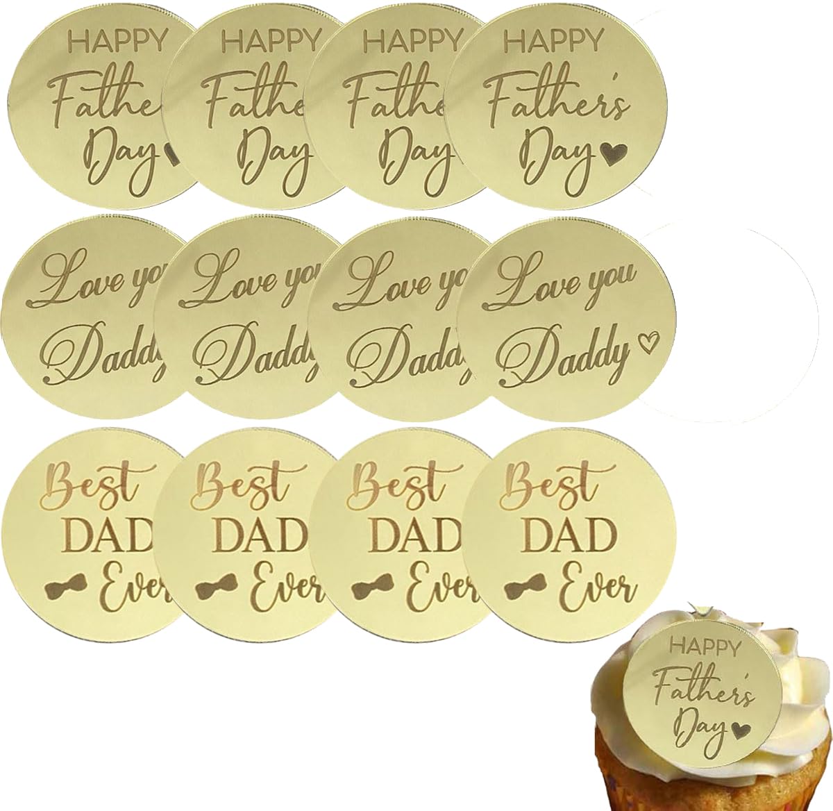 Lot de 12 décorations rondes en acrylique pour cupcakes et gâteaux « Happy Fathers Day », pour la fête des pères, la fête des pères et les desserts