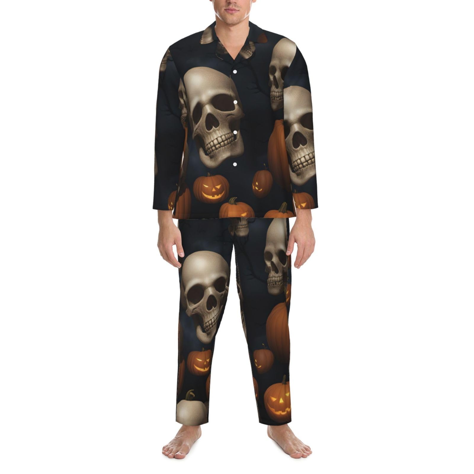 Langärmeliges Pyjama-Set für Herren, Halloween, Totenkopf-Aufdruck, zweiteilig, Hauskleidung, bequeme Nachtwäsche