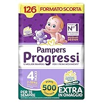 Pampers Progressi Maxi, Taglia 4 (7-18 kg), Formato Scorta, Indicatore di Bagnato, Pelli Delicate, Linguette Rinforzate, Anti-Fuoriuscite, 126 Pannolini Bambino + 500 Punti Omaggio