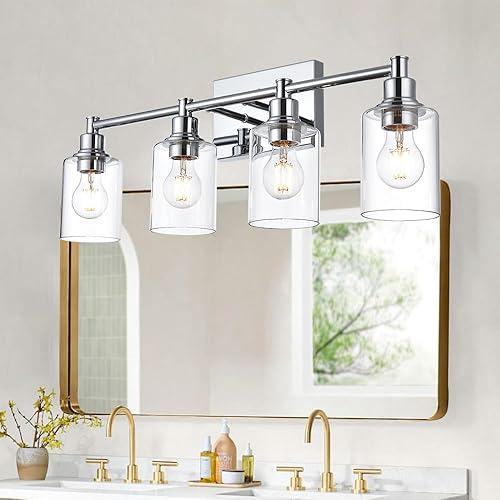 4 luces de tocador de baño, modernas lámparas de pared cromadas con pantallas de vidrio transparente, accesorios industriales de tocador para cocina