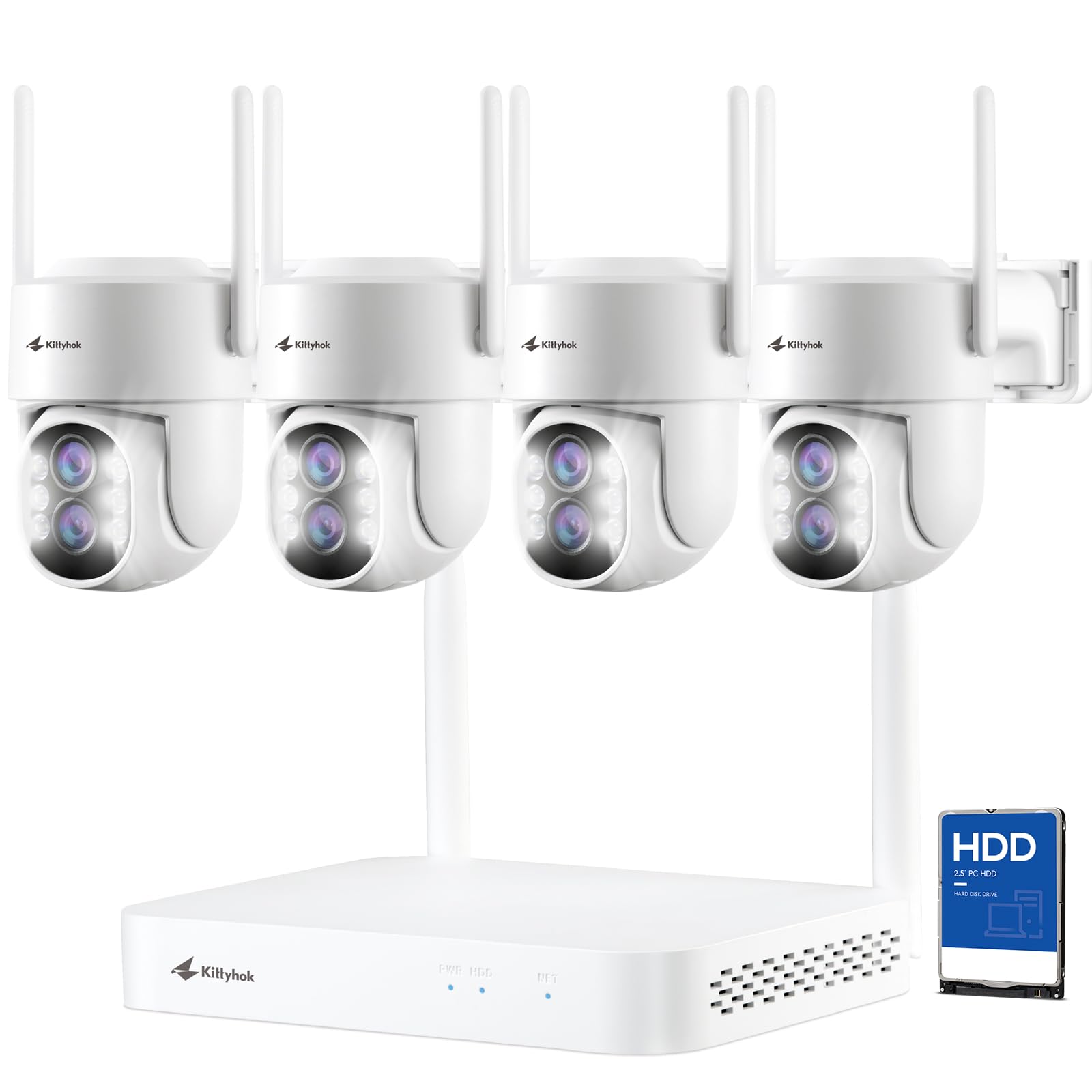 Kittyhok PTZ Wireless Security Camera System | 4pcs Ultra 2K Wireless Outdoor Security Camera with 360° View, auto Tracking, Human Detection, Spotlight | 10CH NVR with 500GB HDD for 24-7 Recording