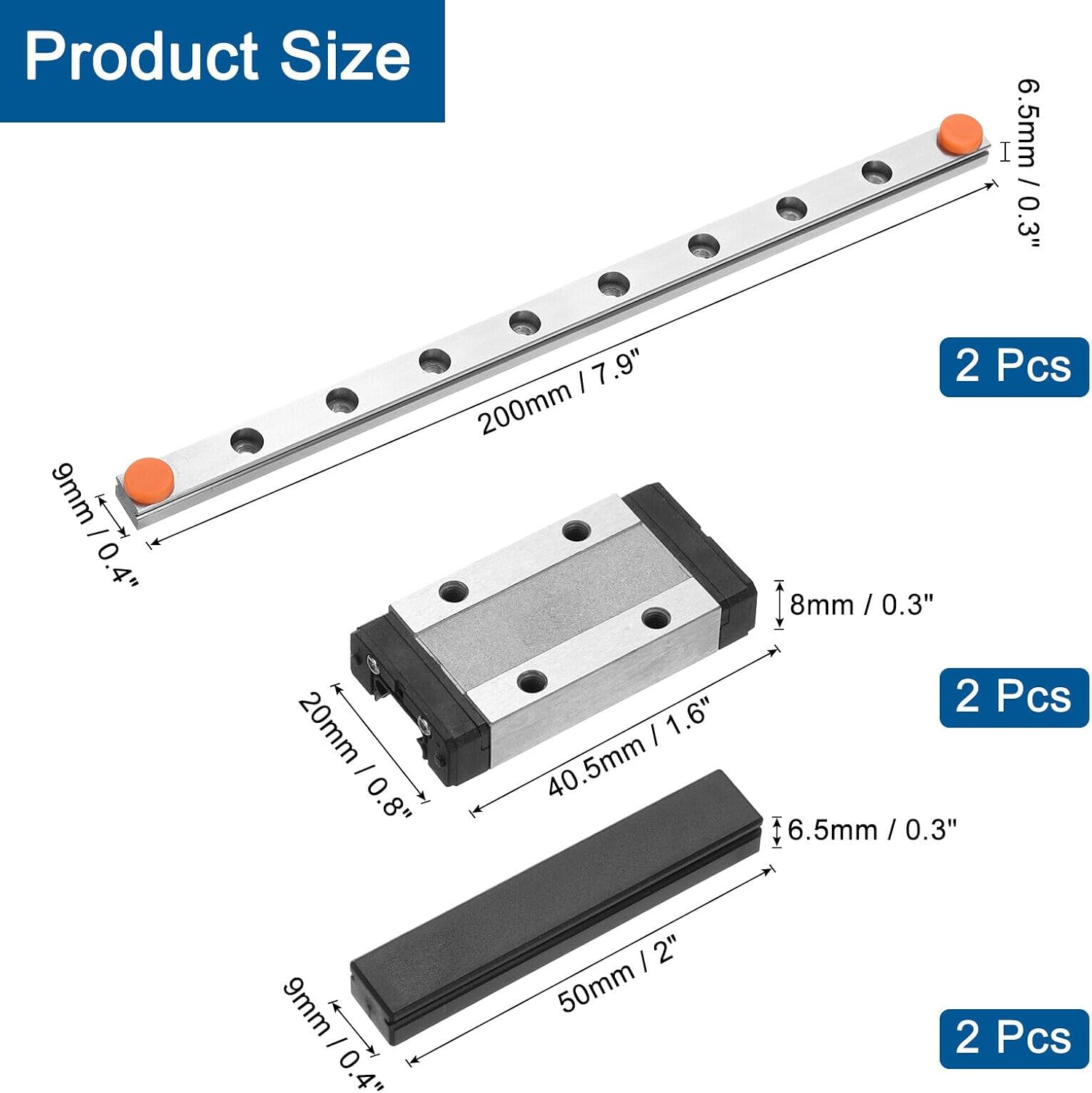 Toolparts And Accessories 2pcs MGN9 200mm Linear Guide Rail With 2pcs MGN9H Carriage Block Bearing Steel (#CN#130824-09983)