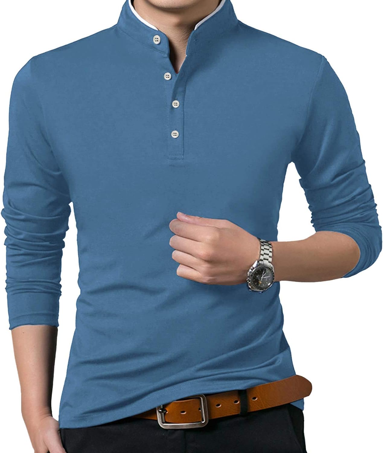 YTD Mens Summer Slim Fit Pure Color Short Sleeve Polo Casual T-Shirts XX-Large 03 Long Sleeve Blue