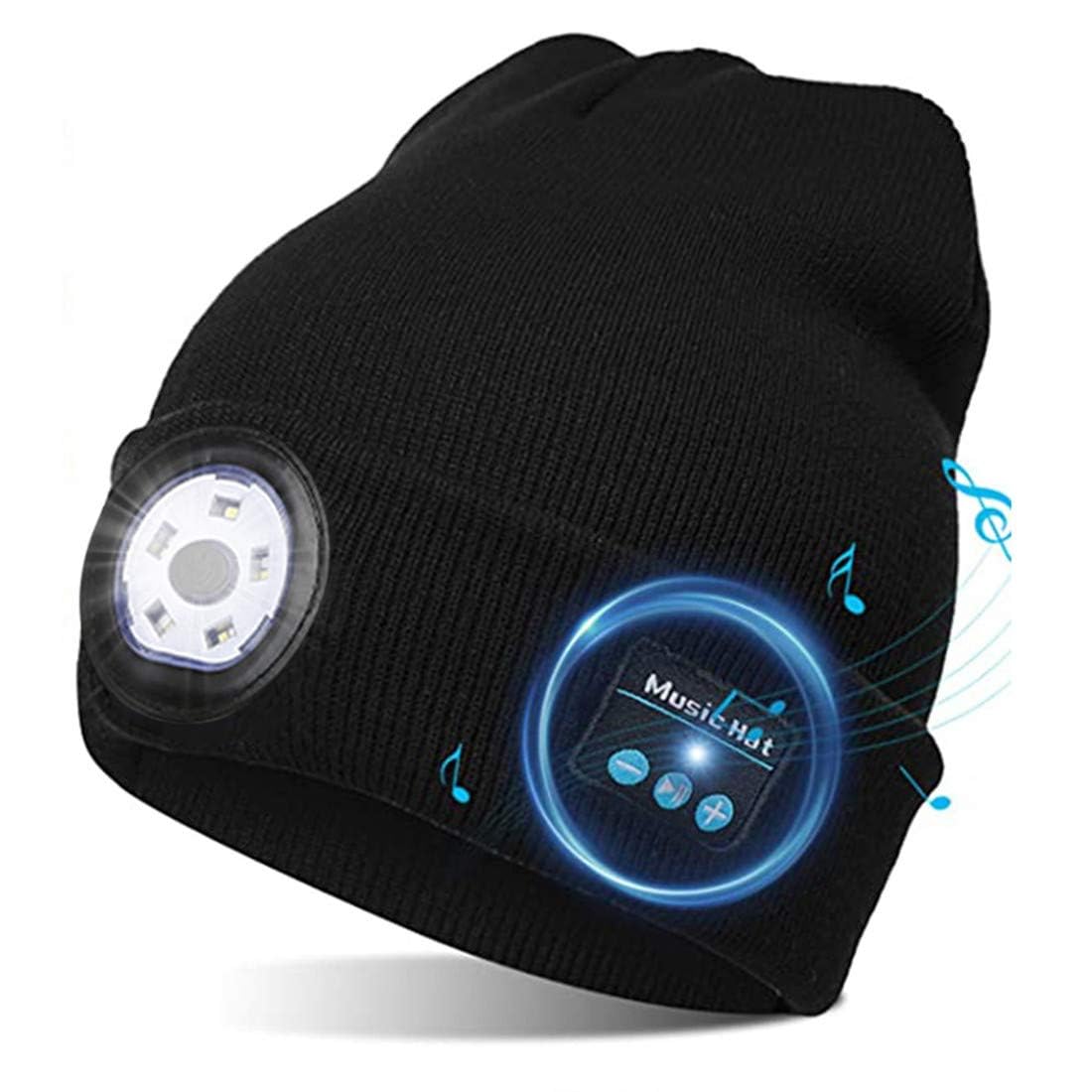 Unisex Bluetooth Beanie Hat with LED Light, Wireless Winter Knitted Cap Running Cap with Built-in Stereo Speakers and Mic, Warm Hat for Sports and Outdoors Black
