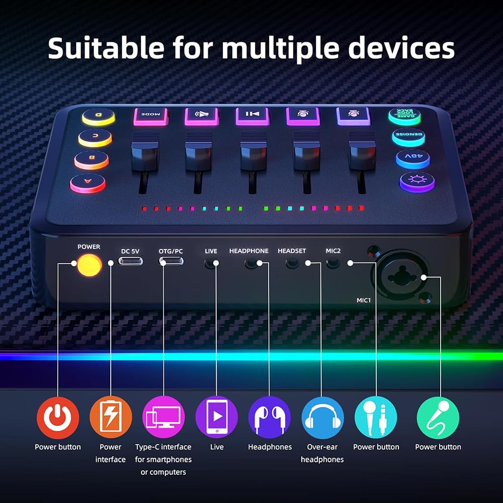 Mezclador de audio for juegos con cambiador de voz, mezclador de PC RGB con interfaz de micrófono XLR