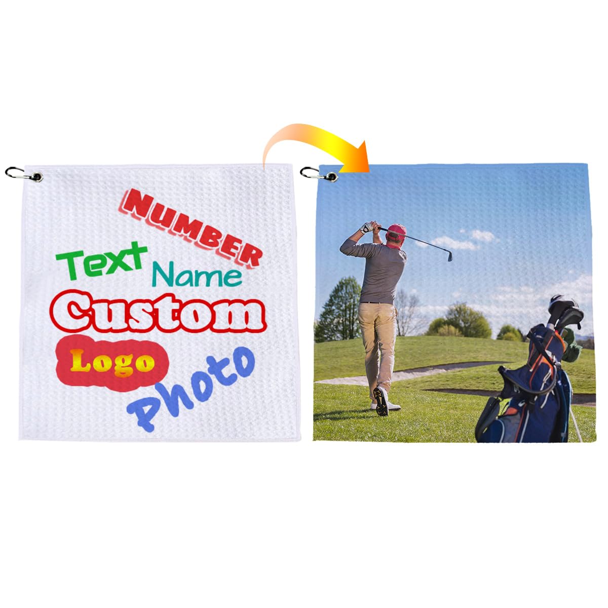 Yakify Personalized Golf Towels Bulk with Photo Logo Text Custom Microfiber Golf Towel with Clip for Men and Women, Golf Accessories, Golf Bag, Gym Towel Durable and Machine Washable (11.8" x 11.8")